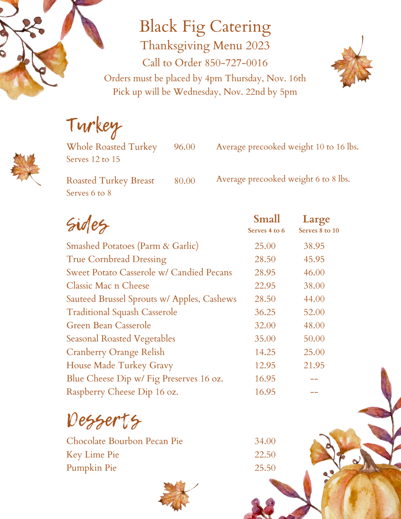 Thanksgiving Menu | Black Fig Catering Tallahassee